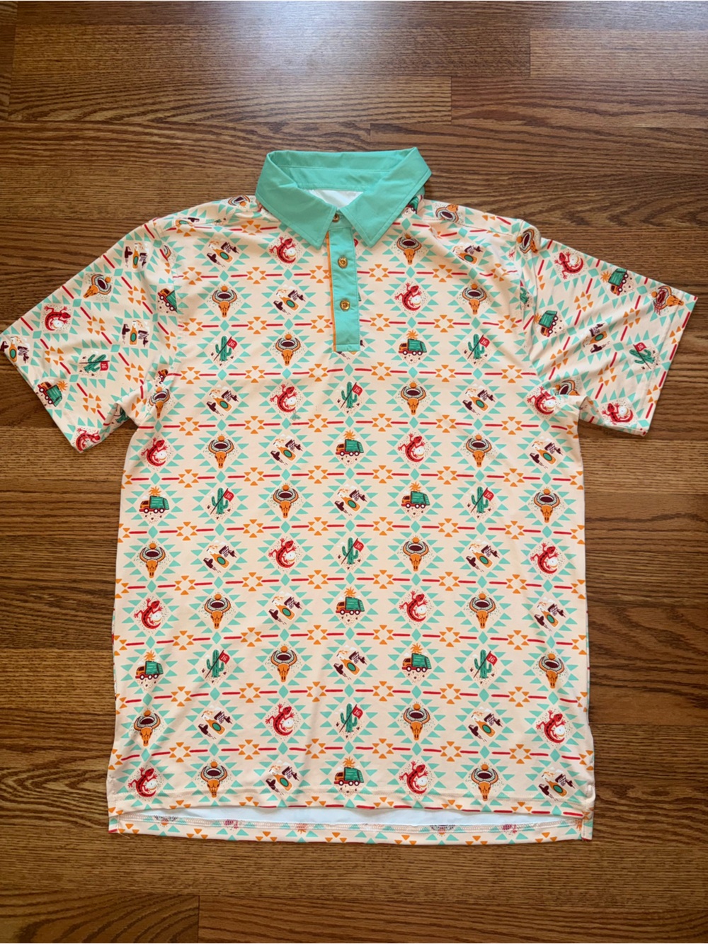 RSVLTS Men's “Par-Tee Time!” Polo in Mint, Coral Cream Southwestern Print Medium